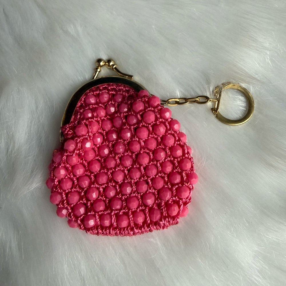 Vintage Pink Beaded Coin Purse with Keychain